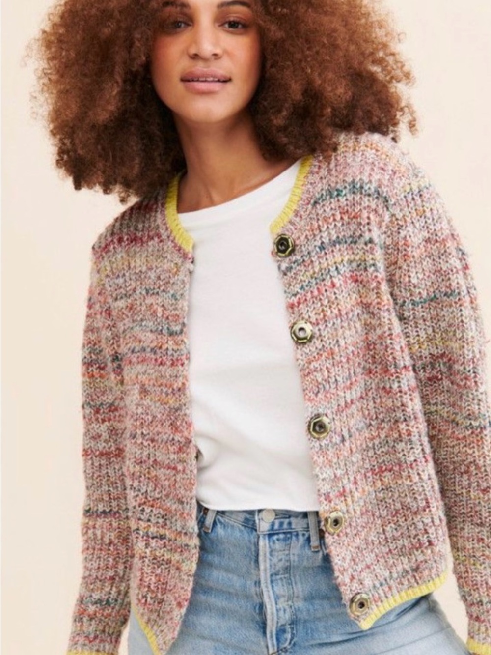 Free People Multicolor Pink Bouclé Cardigan with Yellow Trim